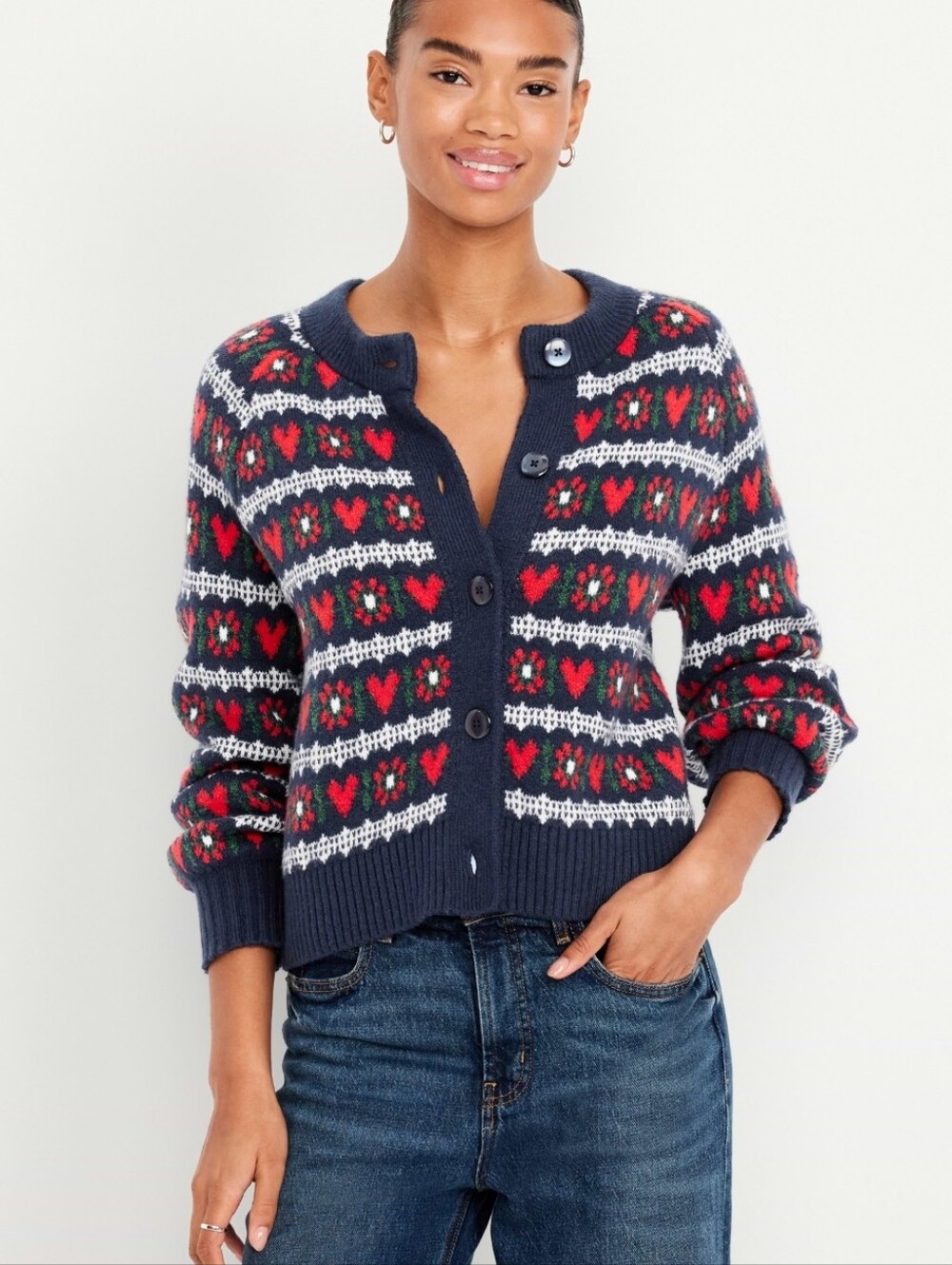 Old Navy Hearts And Flowers SoSoft Crew-Neck Cardigan Sweater